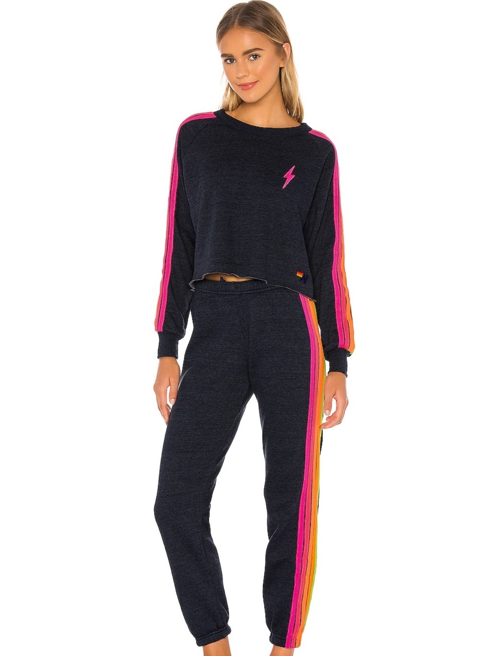 Aviator Nation Bolt Cropped Classic Crewneck and Sweatpants in heather navy neon